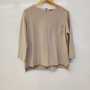 Elle Women’s Boatneck Top Beige White Stripe Ribbed 3/4 Sleeve Pocket Size XL